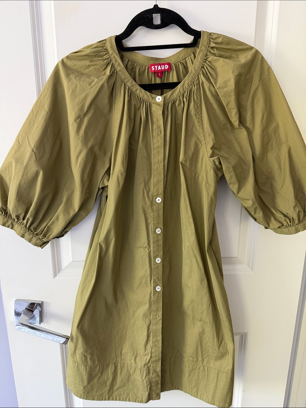 STAUD Olive Green Puff-Sleeve Button-Front Women's Dress